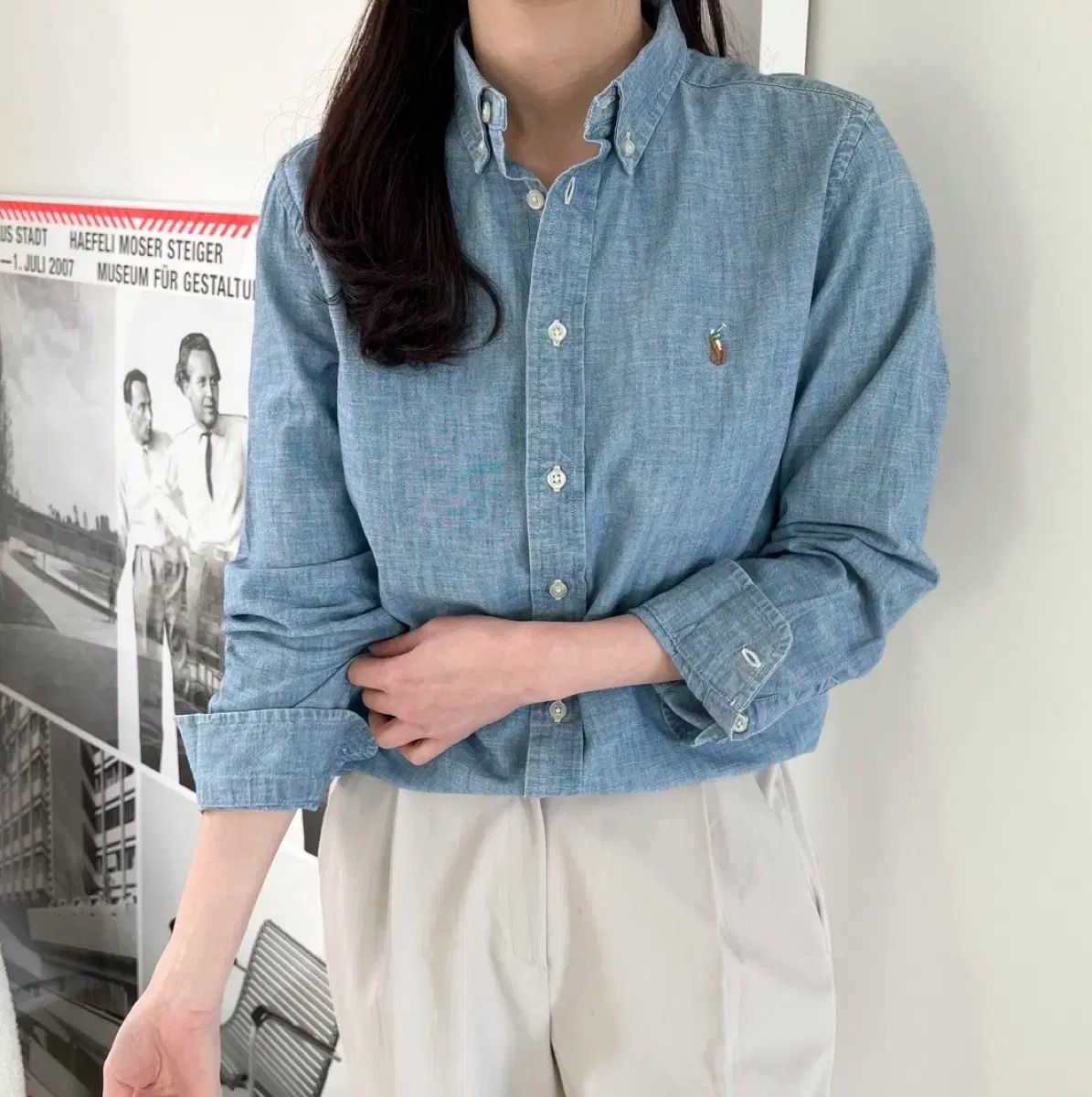 ポロ BOYS PLANET ボイプラ シャツ ポニー ロゴ Oxford オックスフォード 長袖 Tシャツ ライトデニム L サイズ