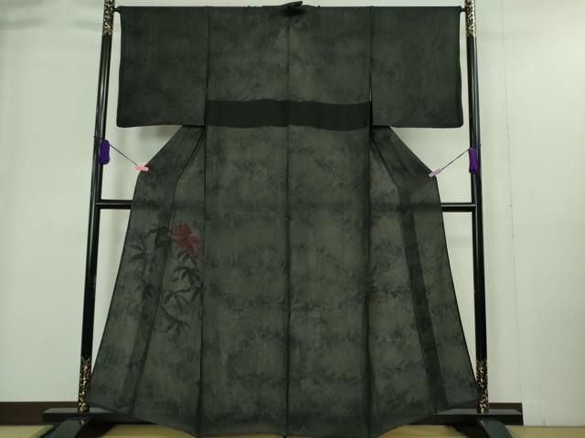 平和屋着物□極上 訪問着 無双 紗袷 紗×絽 手描き ハイビスカス 黒地