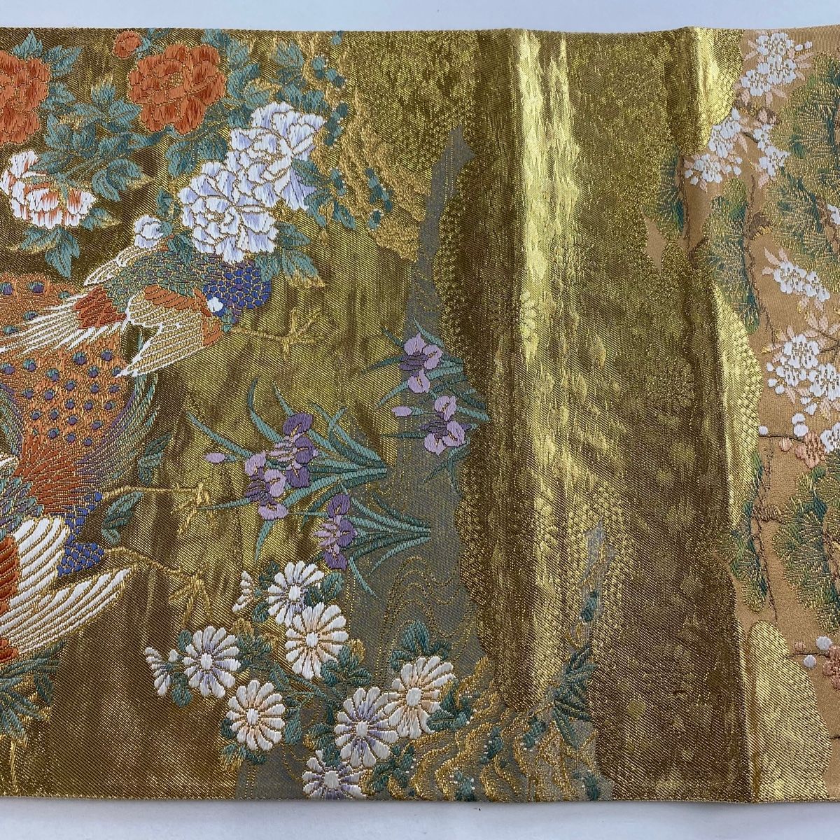袋帯 美品 名品 じゅらく 落款 孔雀 草花 箔 金糸 金色 六通