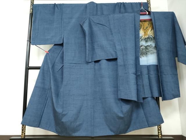 平和屋着物●男性 紬 アンサンブル 長羽織 留紺色 キングサイズ 正絹 DAAY5382ud