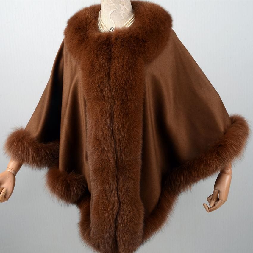 カシミア100％ ケープ ポンチョ リアルフォックスファー キャメル ポンチョ ケープ 日本製 カシミヤ100% 大判フォックス ファー
