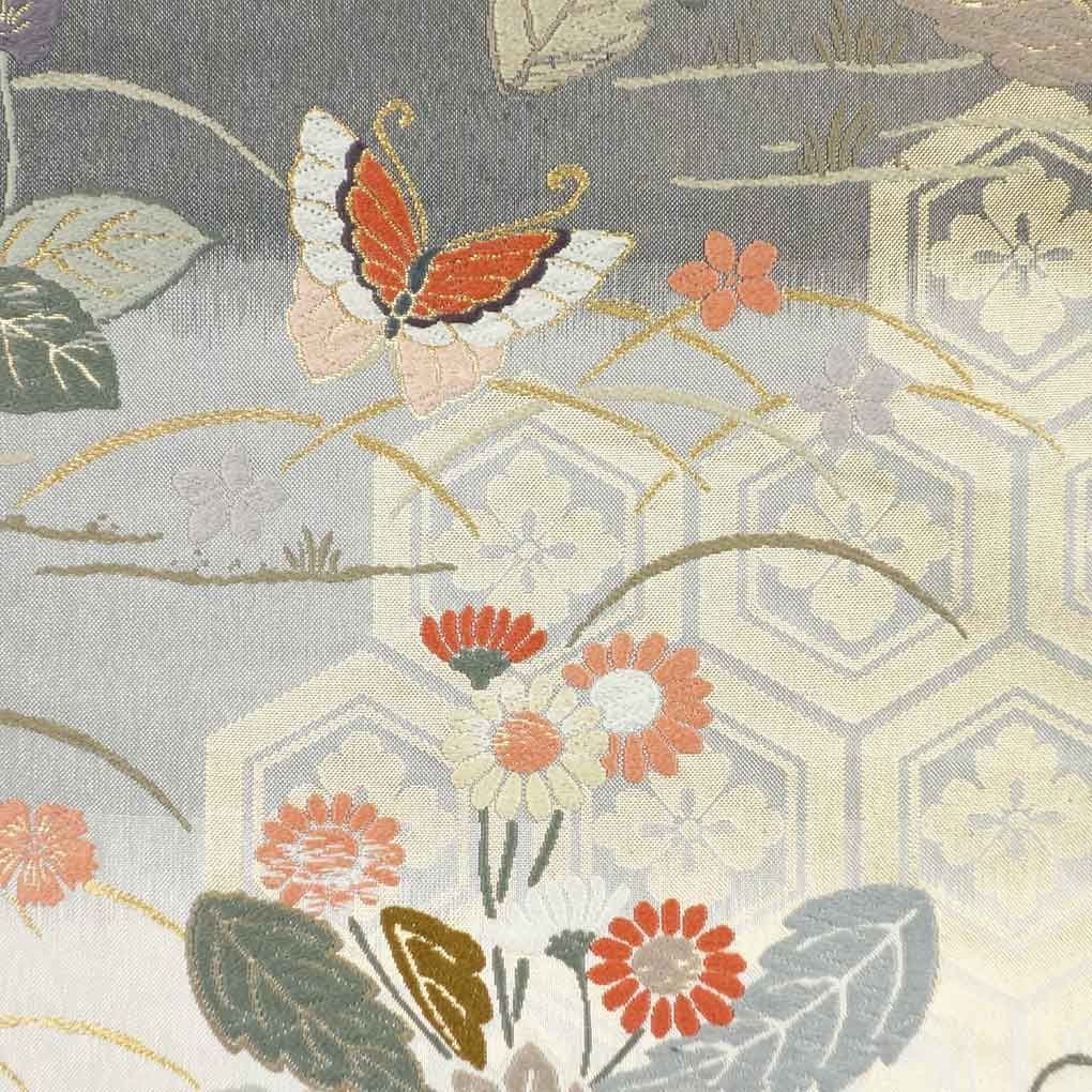 袋帯 幅31cm 長さ432cm レディース 花柄 秋冬春用 正絹 シルク グレー リメイク リユース リサイクル 呉服のきくや