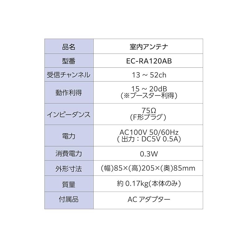 DXアンテナ 室内アンテナ アンテナ (ブースター内蔵) 強電界地域向け 地上デジタル放送用 オールチャンネル(13ch.~52ch.)対応 簡単設置 ローノイズブースター ブラック EC-RA120AB 1