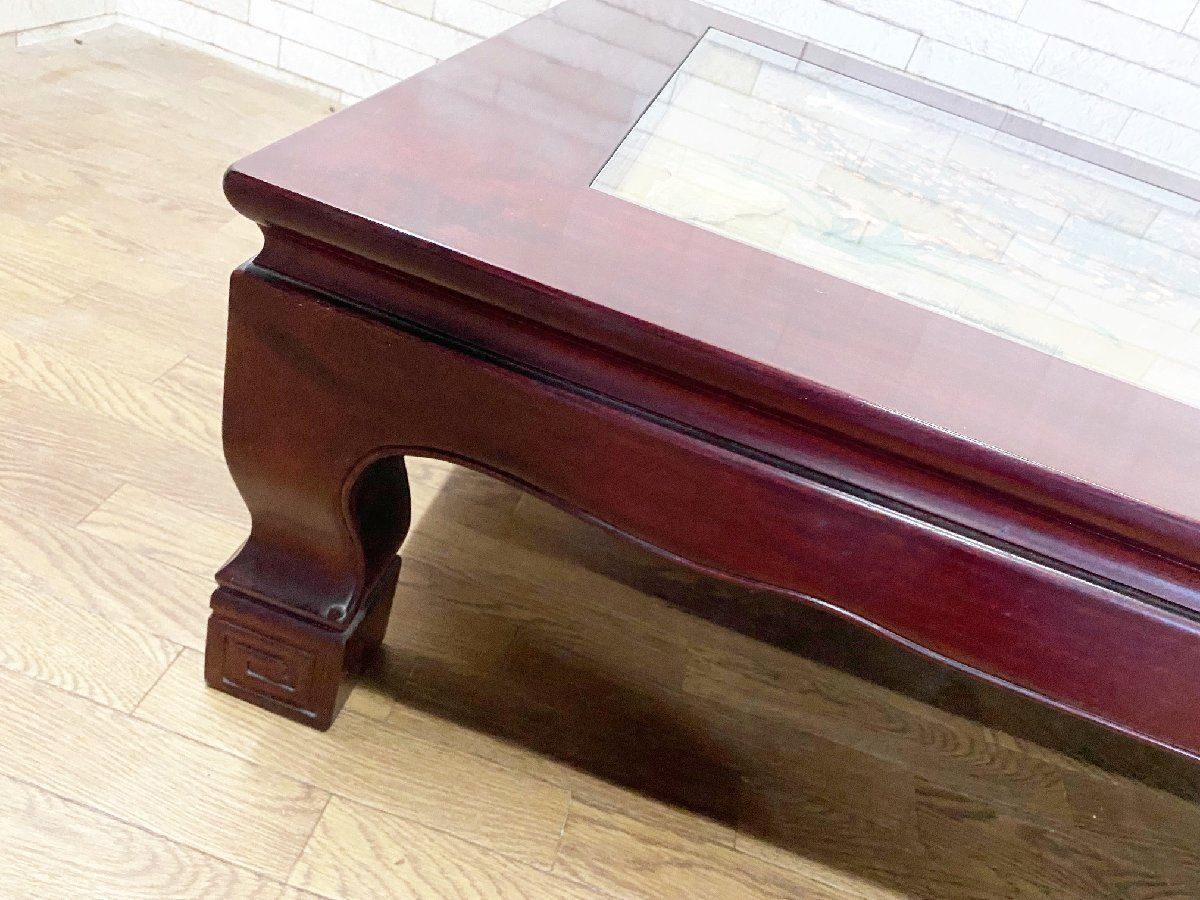 伝統工芸/花鳥図本花梨総無垢珊瑚サンゴ 彫刻座卓 座敷机 ローテーブル