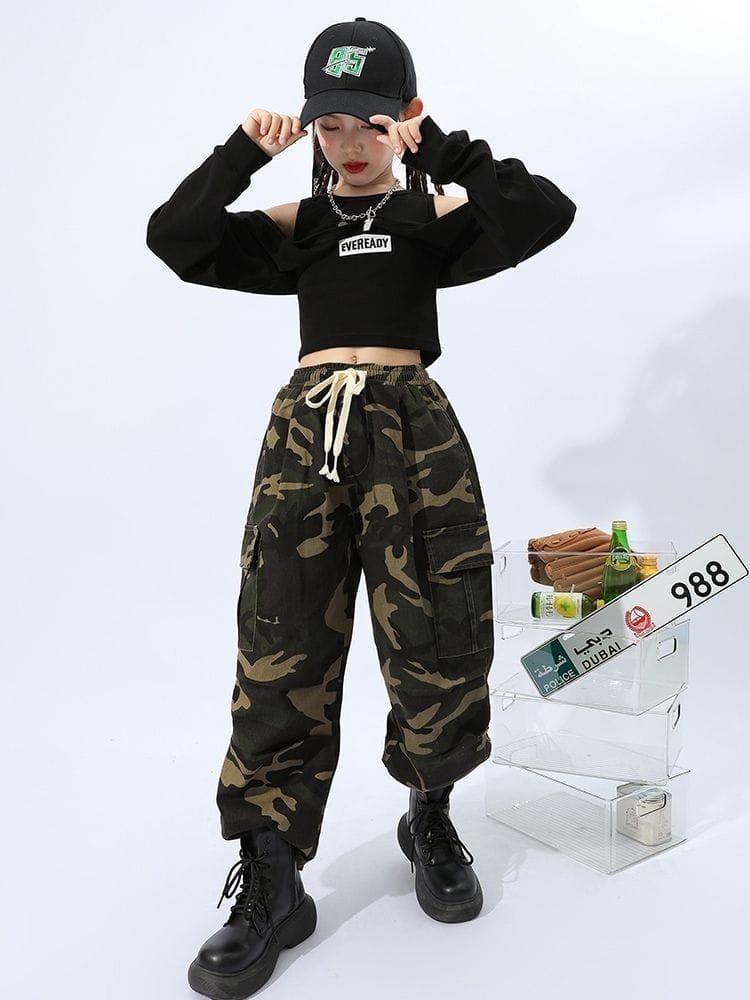 黒 迷彩 キッズダンス衣装 女の子 ヘソ出し 長袖トップス パンツ セット 練習着 子供ダンス ガールズ 演出服 ストリート系 ダンス 衣装 ヒ