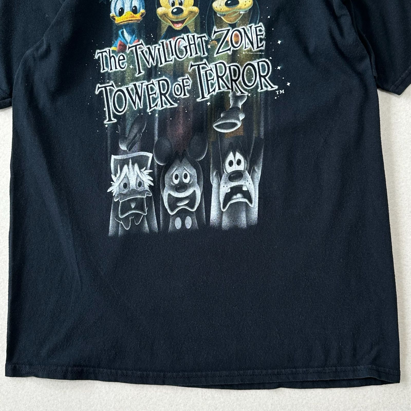 レア Disney ディズニー トワイライトゾーン タワーオブテラー プリント　Tシャツ　アニメ　キャラクター　TOWER OF TERROR 　ミッキー　ドナルド　グーフィー　Hanes ブラック　Mサイズ