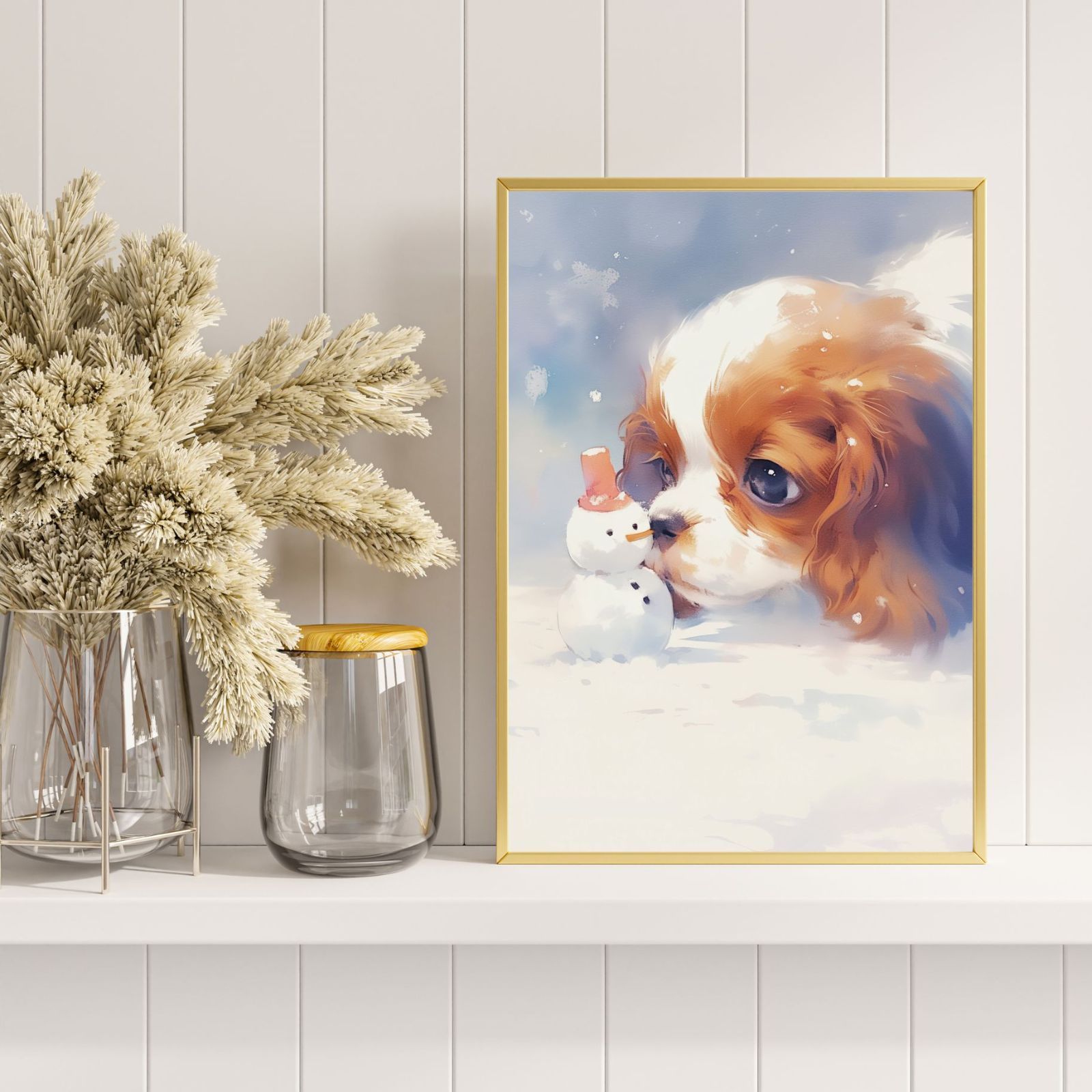 雪犬戯舞 - キャバリア キングチャールズ スパニエル犬 No.1 クリスマス 冬 雪だるま 子犬 ペットロス うちの子 記念日 アートポスター 犬の絵 犬のイラスト ギフト プレゼント STEELWINDOWSANDDOORS_COM