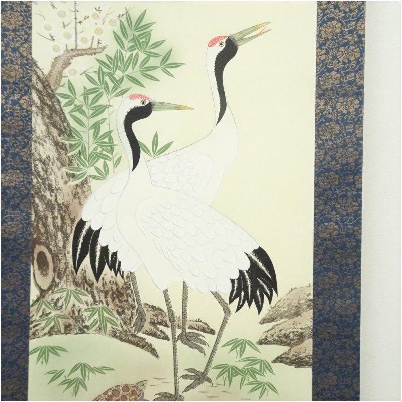 宗治筆 松竹梅鶴亀 肉筆絹本掛軸（共箱）掛け軸 床の間 書