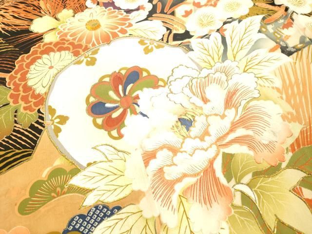 アンティーク 立涌に季節の花々 金駒刺繍 金彩 単衣 正絹 振袖 着物 平和屋着物○アンティーク 大正ロマン 振袖 駒刺繍 草花笹松文