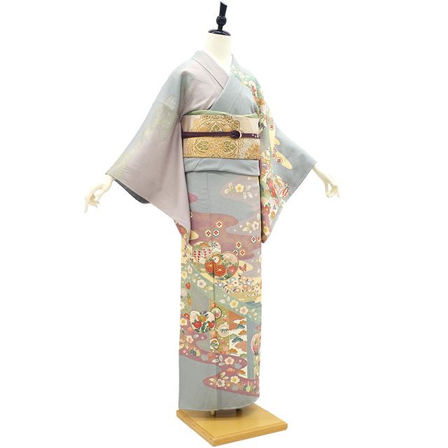 正絹　ガード　箔、金駒　橘柄　身幅広め　紫系　袷 正絹 ガード 箔、金駒 橘柄 身幅広め 紫系 袷