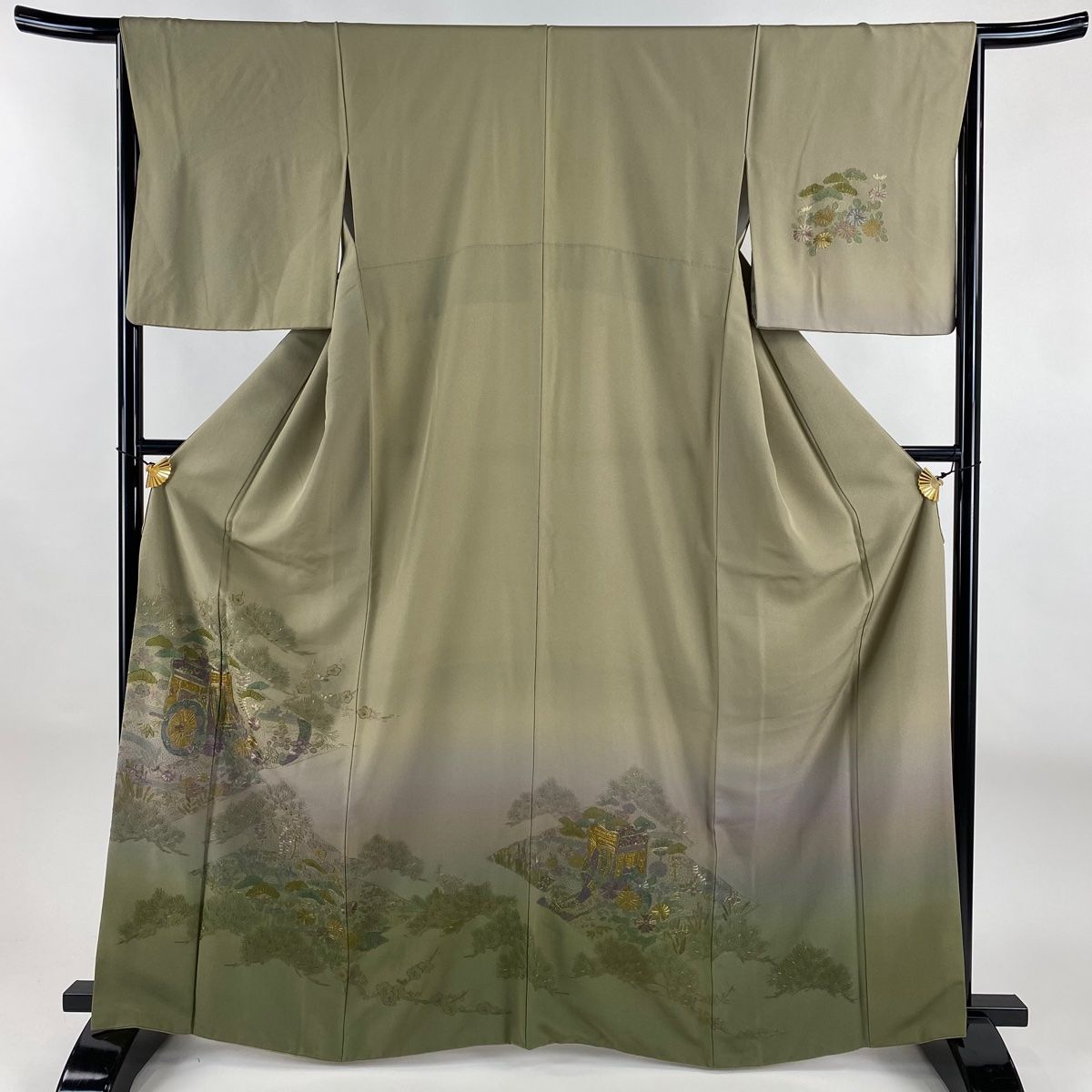 訪問着 身丈166cm 裄丈66cm M 袷 御所車 松竹梅 金糸 刺繍 灰緑 正絹 秀品