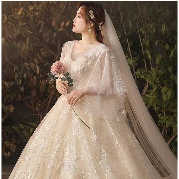 ウェディングドレス 花嫁 大きいサイズ 袖あり フ 袖 体型カバー 結婚式 二次会 ドレス 発表会 パーティー 編み上げタイプ ロングドレスWP数量 価格926 MAAHADDERANG_COM