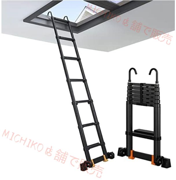 伸縮はしご 脚立 ルーフトップテント|屋根裏部屋|RV用アルミニウム伸縮はしご 取り外し なフックとスタビライザーバーを備えた黒の延長伸縮はしご 荷重150kg 3.9M