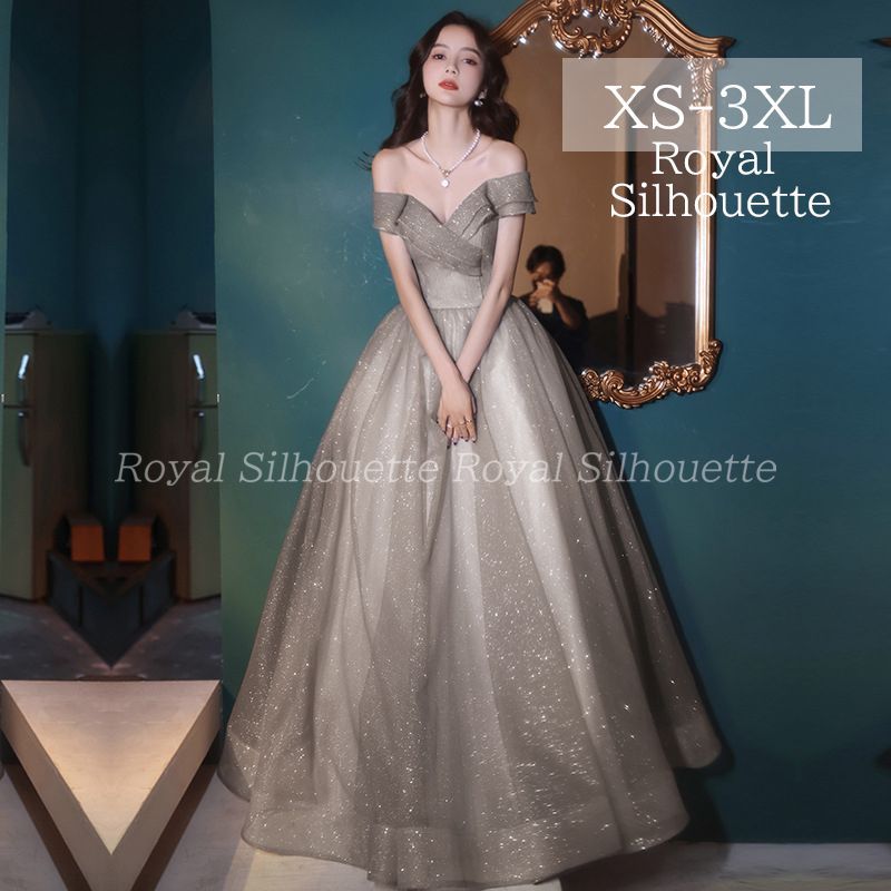 ナイトドレス パーティー ドレス シルバー グレー オフショルダー 結婚式 大きいサイズ ドレス 謝恩会 XS S M L XL LL 2XL XXL 3XL XXXL パーティー 姫系 発表会 披露宴 豪華 プリンセス ロング丈 フェミニン 紐タイプ