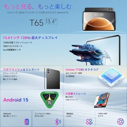TECLAST T65 13 インチ タブレット 120Hz 画面リフレッシュレート タブレット Android 15 20GB RAM 128GB ROM T7280 T620 プロセッサ Tablet SIM カード対応 3.5mm イヤホmp
