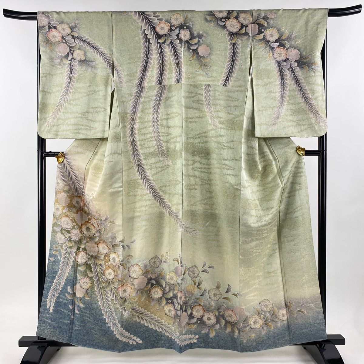 訪問着 身丈159.5cm 裄丈67cm M 袷 辻が花柄 金通し ぼかし 薄緑 正絹 名品