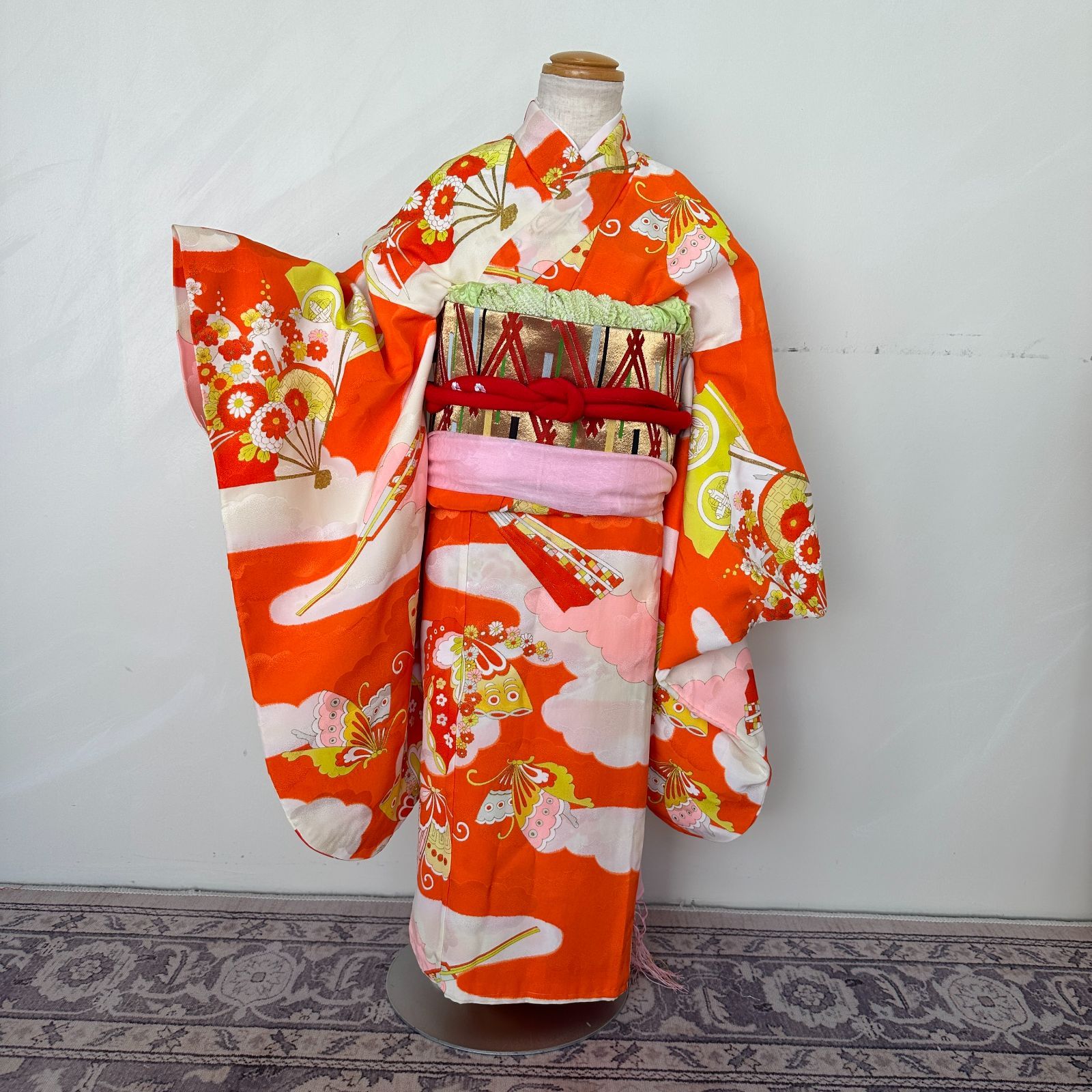 中古】七五三女の子 四ツ身着物 長襦袢 作り帯 帯揚げ 帯締め しごき