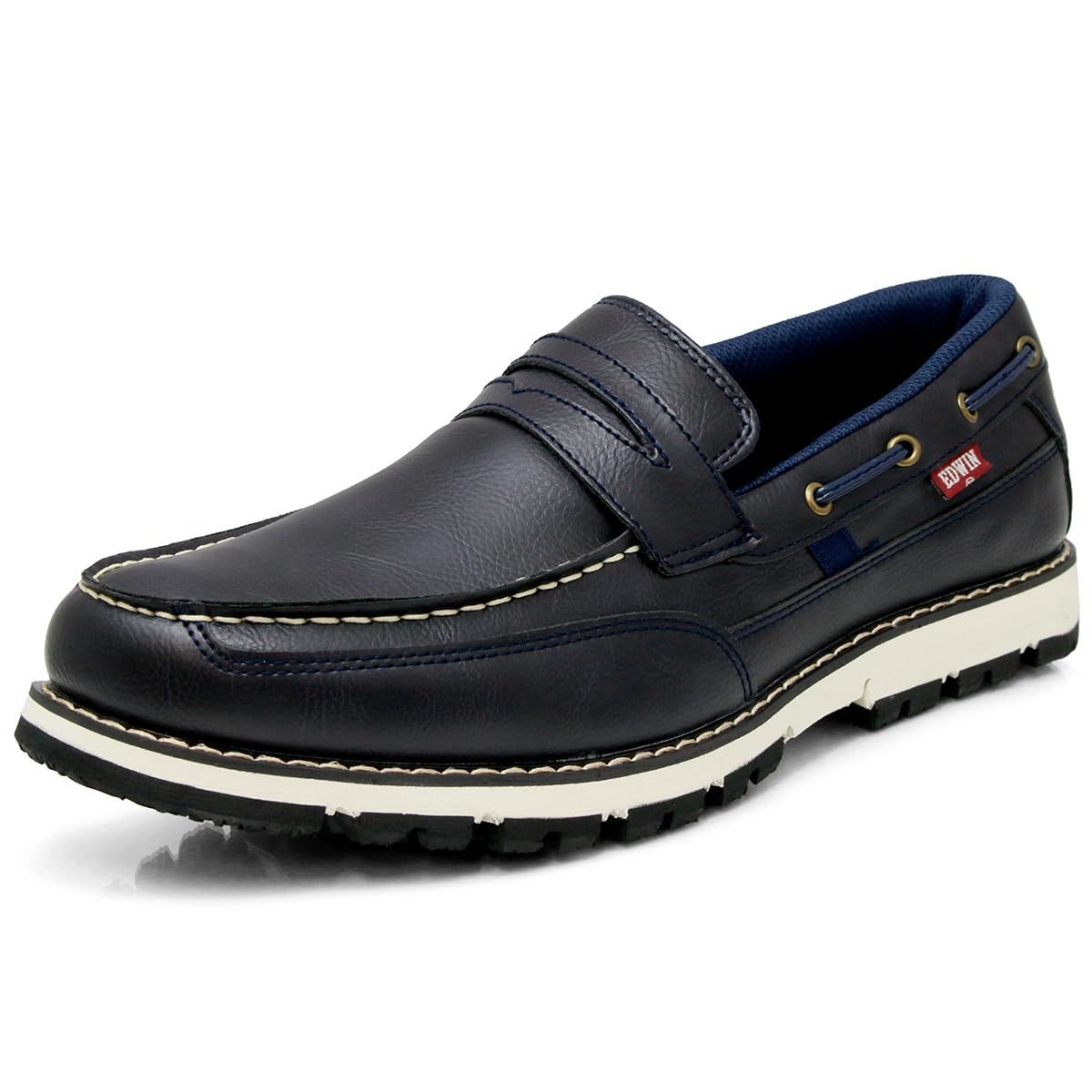 Size 26.0 cm_Color ネイビー エドウィン ローファー メンズ 防水 スリッポン デッキシューズ PU革靴 レザースニーカー 耐滑グリップ底 おしゃれ 紐なし 靴 EDM4103 NAVY 26.0cm