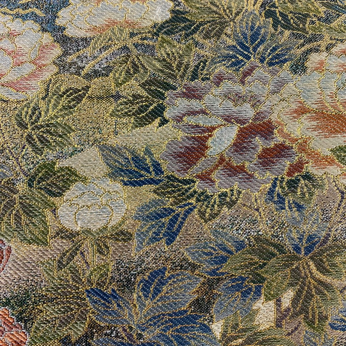 丸帯 琳派四季彩 草花 雲文 本金箔 金糸 青緑 お太鼓柄 正絹