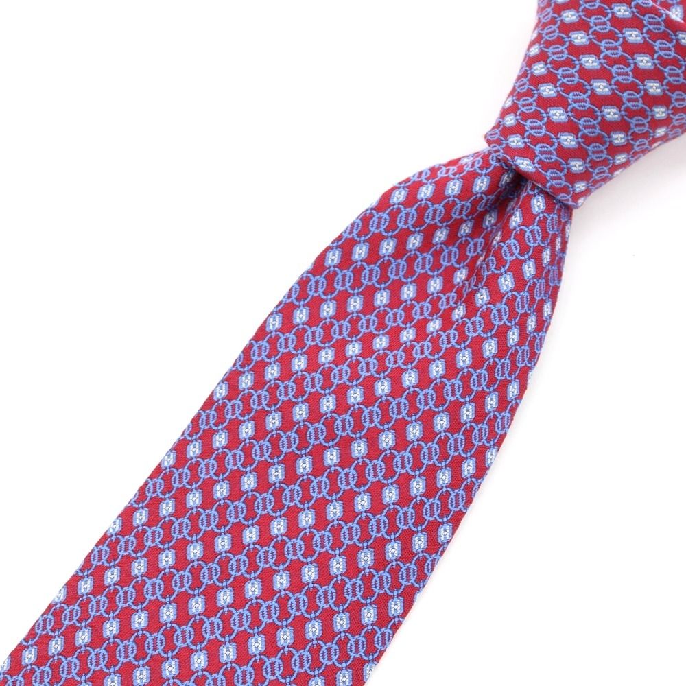 美品　HERMES　ネクタイ　赤　レッド系　ドット　メンズ　シルク 中古】エルメス HERMES プリント 3つ折り シルク ネクタイ レッドx