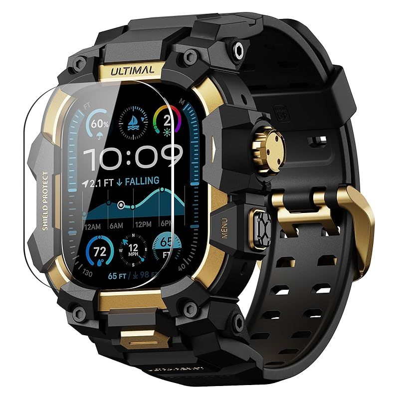 コンパチブル Apple Watch Ultra 3|Ultra 2|Ultra バンド アップル ウォッチ バンド 49mm ケース 一体型 ミリタリーグレード耐衝撃バンパーカバーTPU|TPE 耐衝撃 滑り止め 耐久性 落下防止 ゴールド ブラック