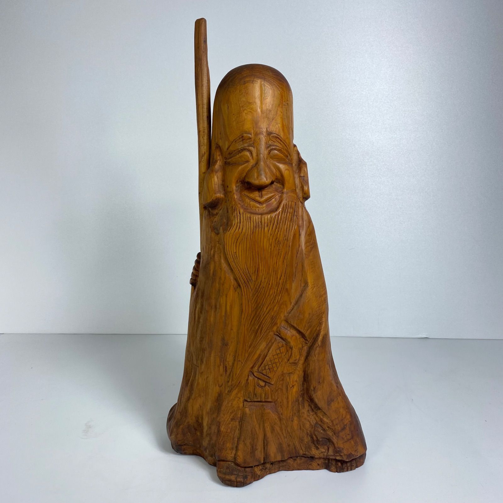 木彫り 寿老人像 七福神 福禄寿 手彫り 彫刻置物 木製人形 工芸品 民芸 