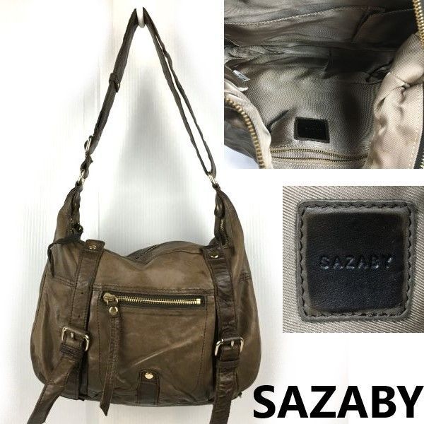 SAZABY/サザビー　本革/ショルダーバッグ　ダークブラウン/焦げ茶　柔らかレザー　小物ポケット5か所　レディース　管NOYB7-68 SAZABY/サザビー 本革/ショルダーバッグ ダークブラウン/焦げ茶 柔らか