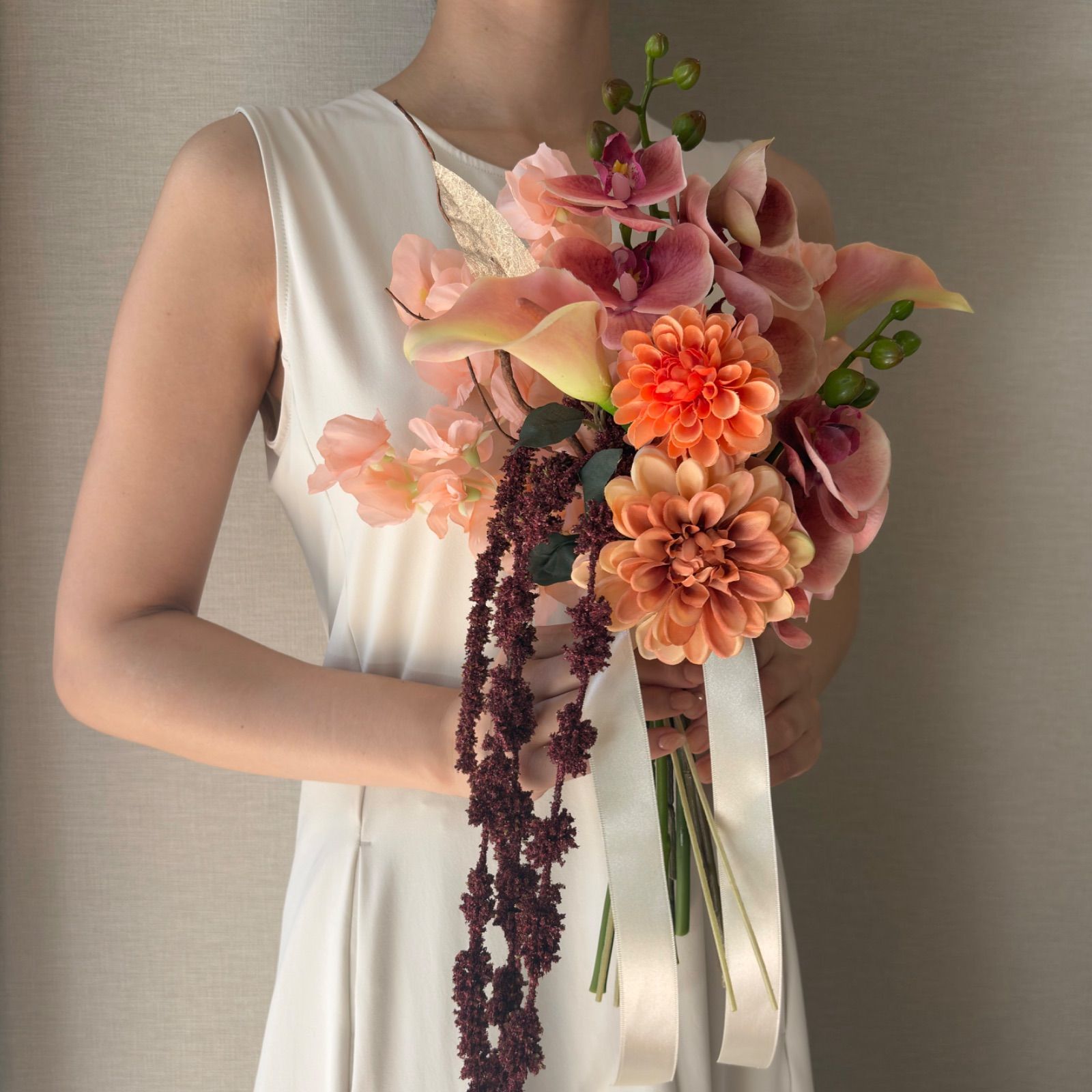 ウェディングブーケ 造花　アーティシャルフラワー　ブートニア付き ウェディング アーティフィシャルフラワーブーケ ラコッタ ブートニア