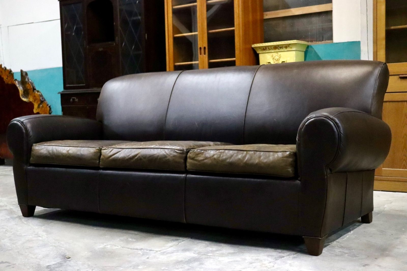 GMIK558○Pottery Barn ポッタリーバーン 3人掛けソファ トリプルソファ 長椅子 本革 ダークブラウン アメリカ ヴィンテージ