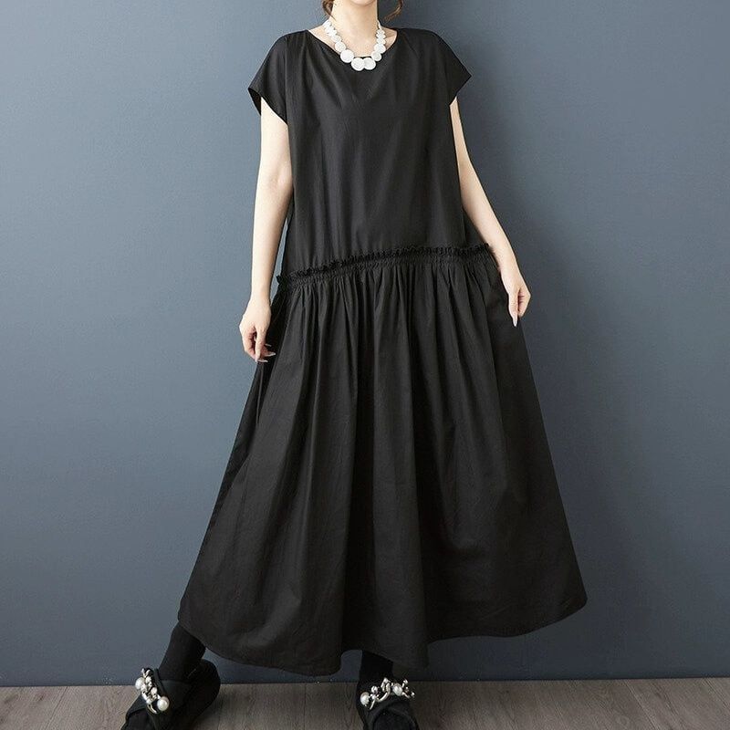 ラウンドネック フレンチ ロングドレス モード系 ブラック ラウンドネック 個性的なデザイン 夏 新型