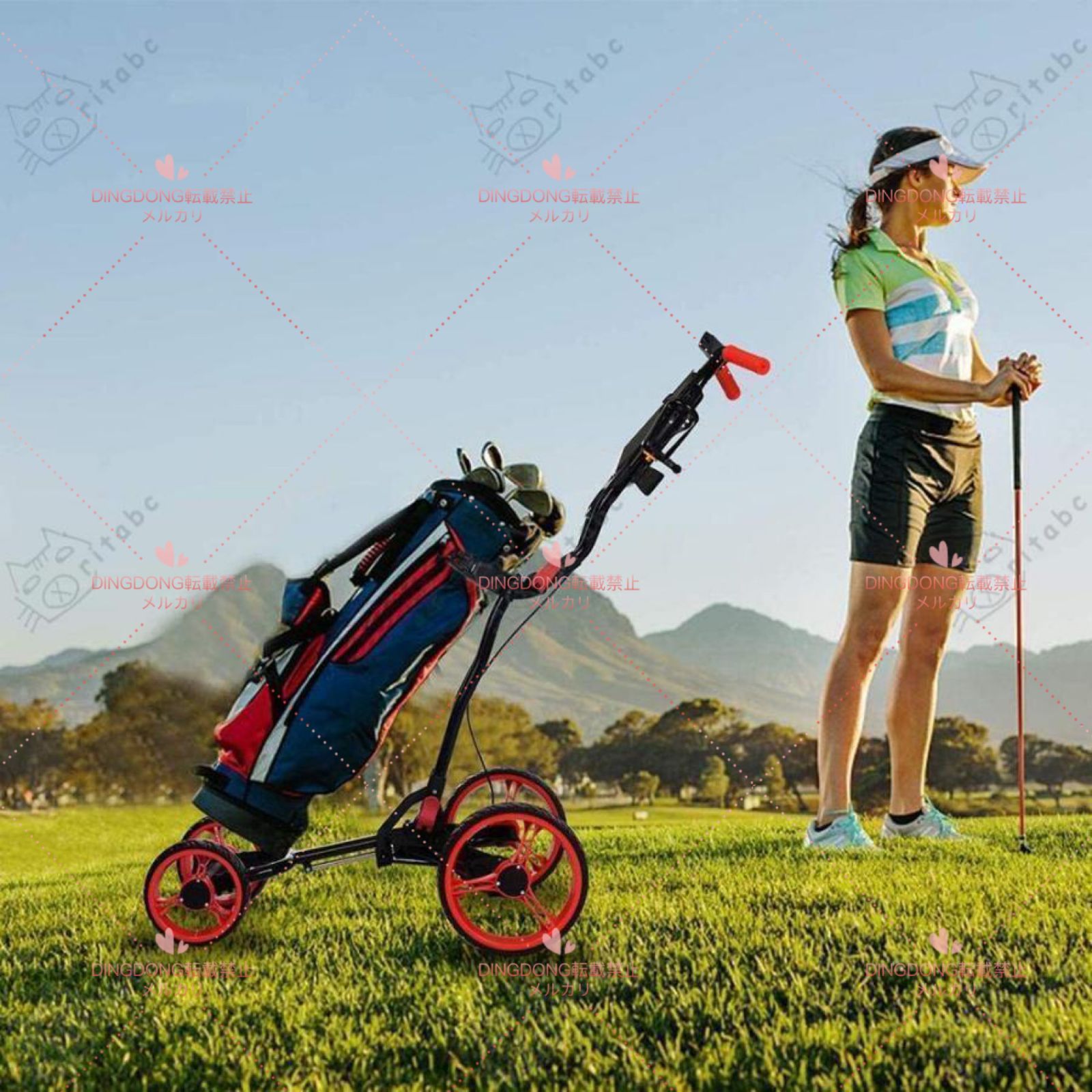 ゴルフプッシュカート4輪折りたたみ式 あらゆるゴルフバッグに最適