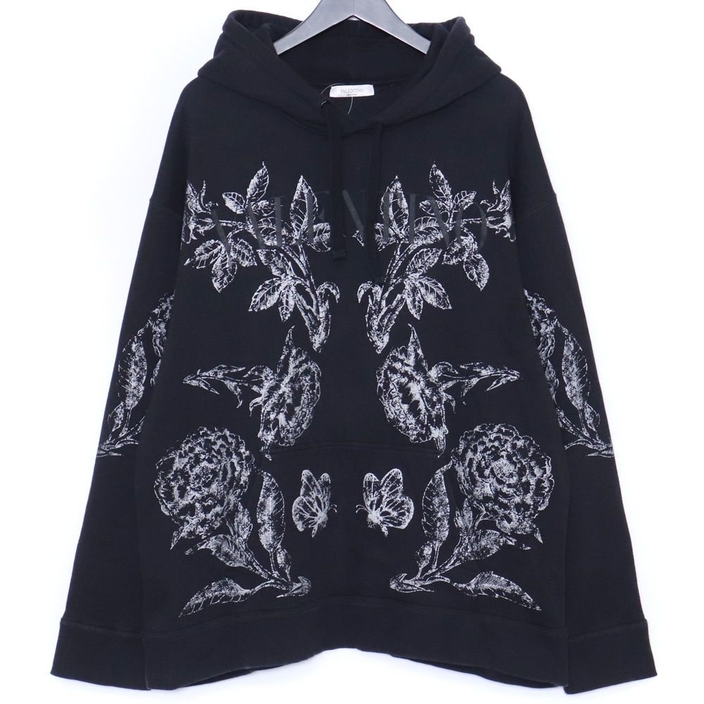 VALENTINO ダークブルーミング コットン スウェットシャツ パーカー Lサイズ ブラック