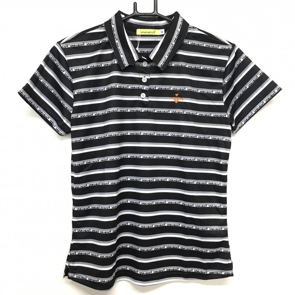 【新品】ビバハート 半袖ポロシャツ 黒×白 ボーダー 吸水速乾 DRY  レディース 42(L) ゴルフウェア VIVA HEART