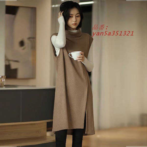 上質素材大人かっこいいイレギュラージャンバースカート ニット トップス スリット ブラウン オフタートル 送料無料20代30代40代50代60代 yan5a351321