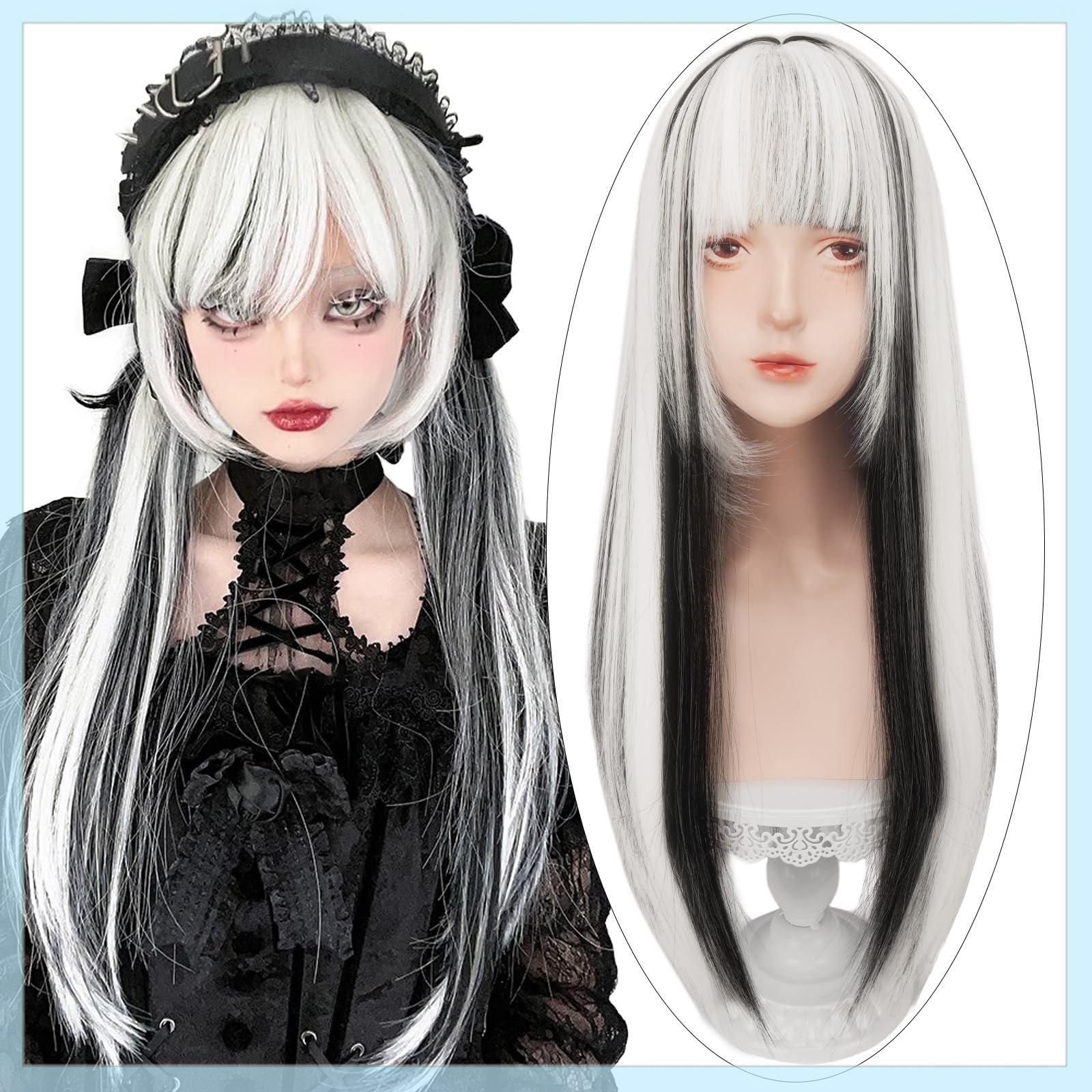 Hawkko ウィッグ ロング ストレート 姫カット フルウィッグ インナーカラー 姫髪 かつら レディーズ 女装 ウィッグ カツラ グラデーション ぱっつん前髪 ロングウィッグ 自然 ぱっつん ロング