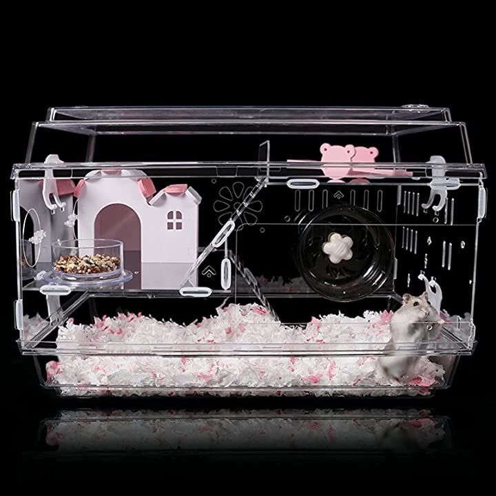 xinxin-home ハムスターケージ 小動物ケージ アクリル製 贅沢セット 滑り止め 飼育ケージ 回し車 給水ボトル ハムスターハウス ピンク