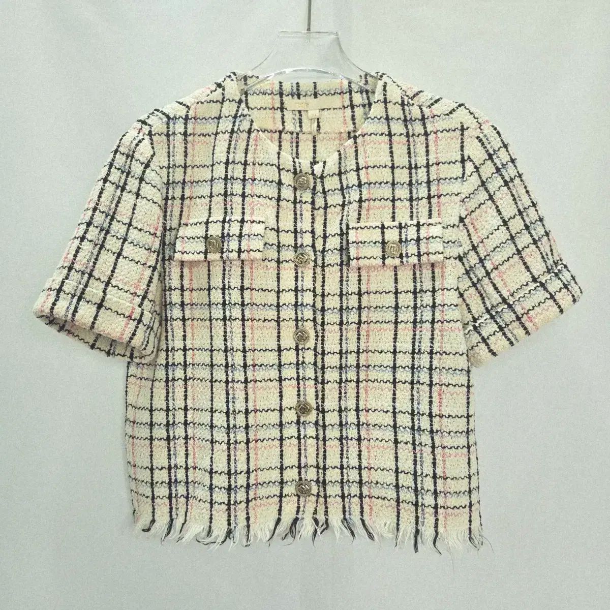 美品　maje マージュ　ツイード　中綿　ノーカラージャケット　紫　オケージョン 美品 maje マージュ ツイード 中綿 ノーカラージャケット 紫