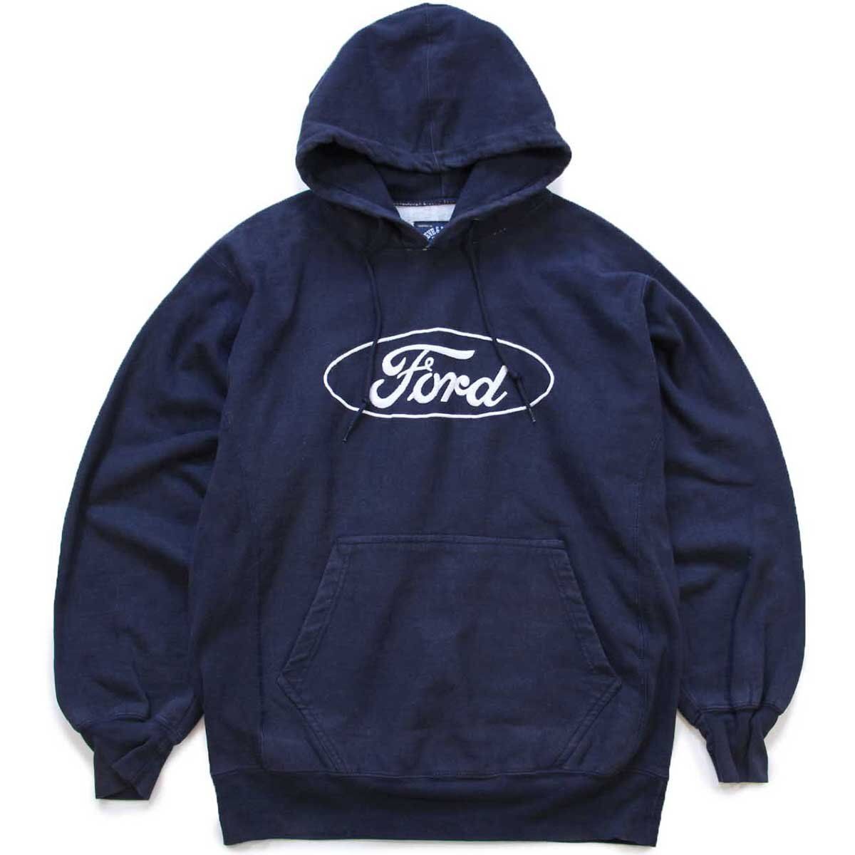Fordフォード ビッグロゴ刺繍 リバースウィーブ スウェットパーカー 紺 Sフーディー モーター デカロゴ ネイビー オーバーサイズ