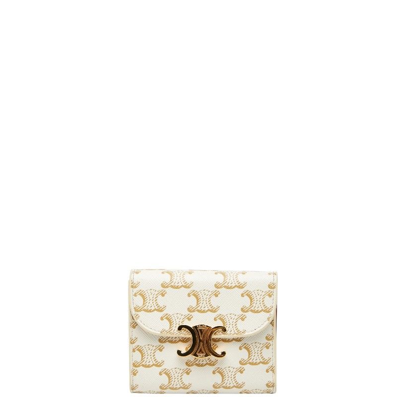 セリーヌ トリオンフ スモール フラップ ウォレット 三つ折り財布 コンパクトウォレット ホワイト ゴールド PVC レザー レディース CELINE 214-36565