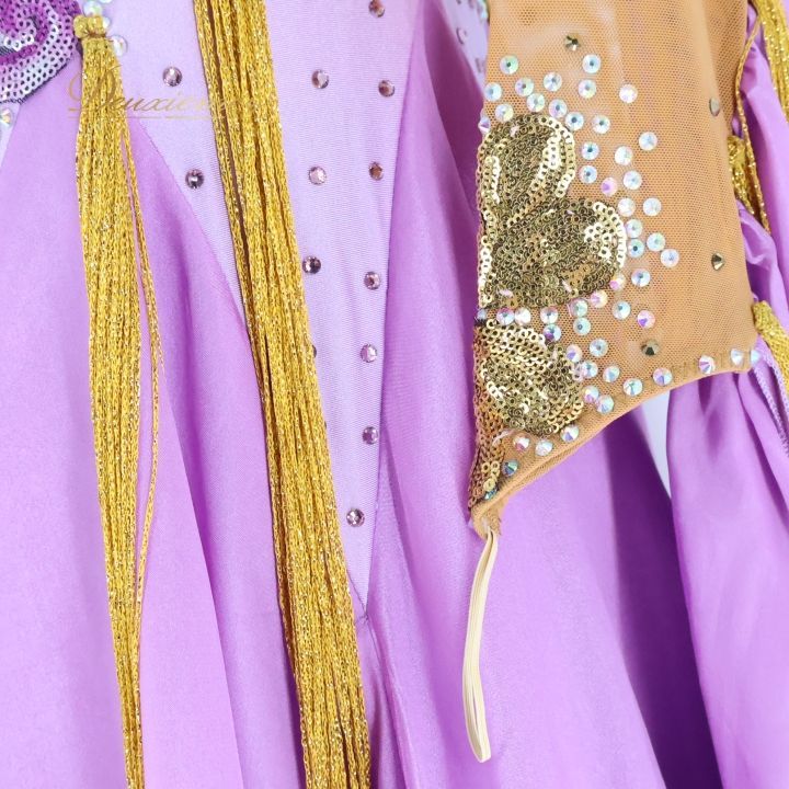 ☆全店送料無料☆! 社交ダンス 衣装 ドレス ドレス ワンピース フロート 紫 ゴールド 金 上品 ラベンダー パープル系 ベージュ系 豪華 フリンジ スカート3枚重ね おしゃれ ダンスウェア フォーマル パーティ ショー用 感 レディース