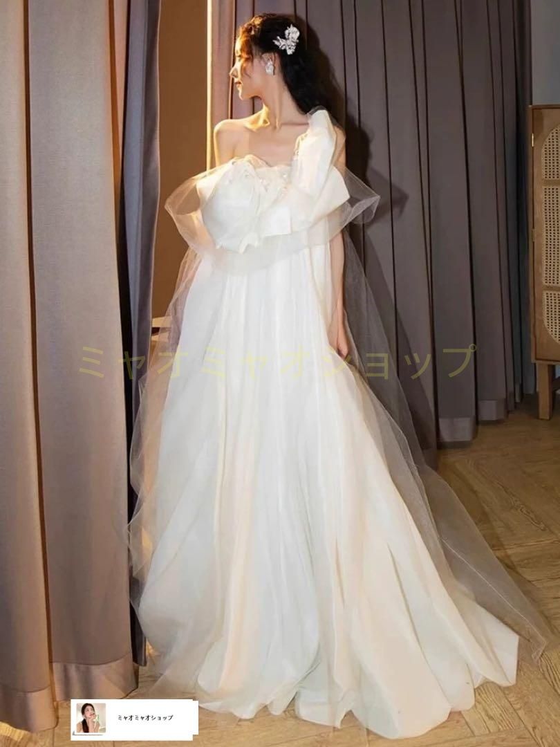 大きなリボン付ウェディングドレス?パールが可愛い結婚式用マタニティOK