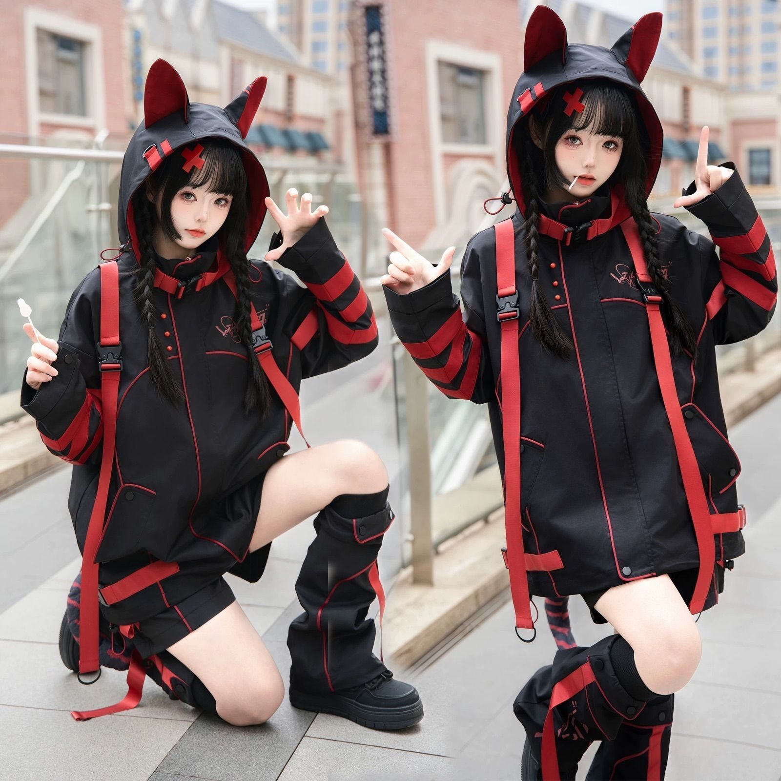 レッド 猫耳 猫 セットアップ サイバー 渦雷系 コスプレ サブカル 服 原宿 渋谷 10代 20代 ファッション 人気 ジャージ