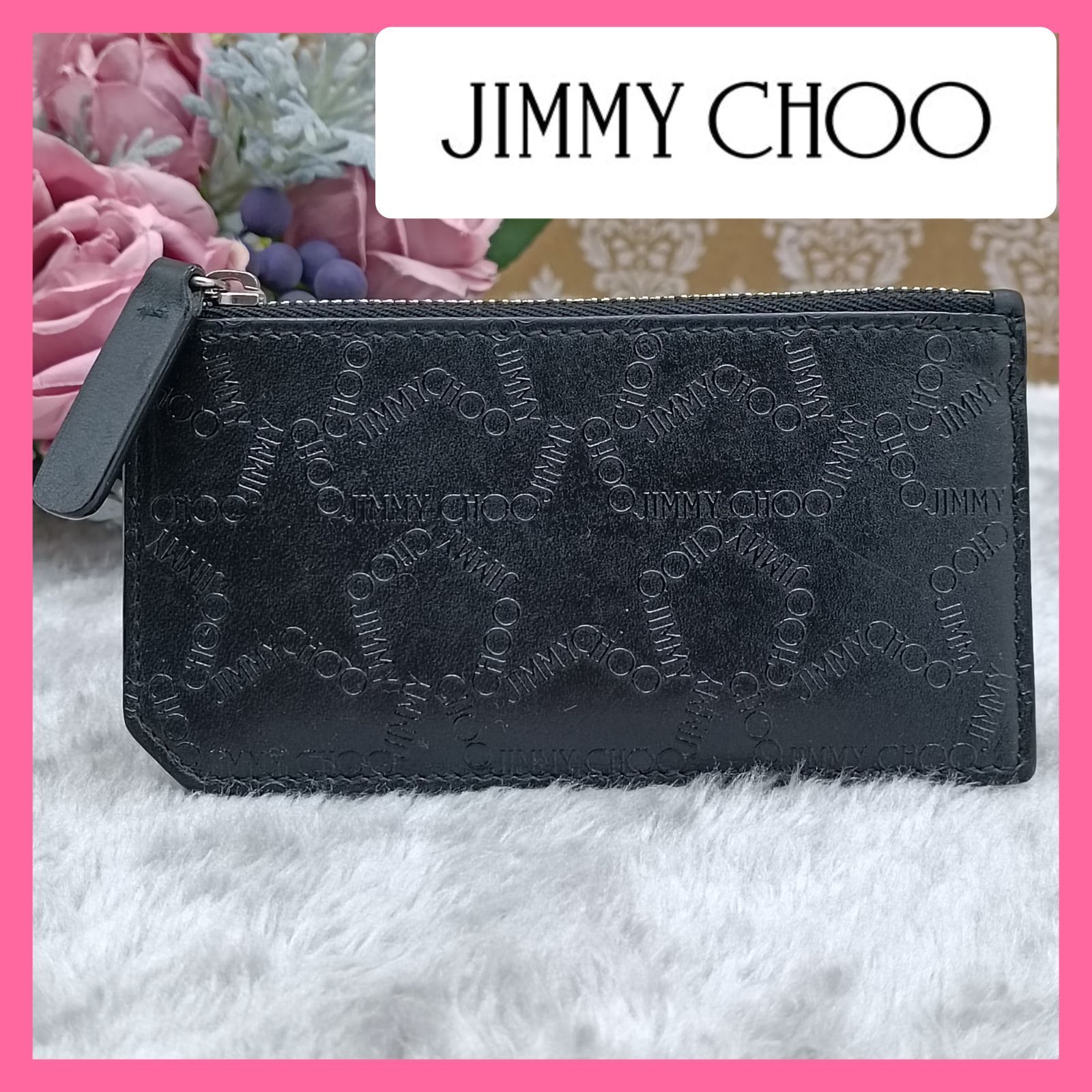 《 JIMMY CHOO 》　ジミーチュウ　フラグメントケース　カードケース　コインケース　ミニ財布　スター　ロゴエンボス加工　ブラック　本革　 ユニセックス　送料無料・匿名配送・最短即日発送いたします！　514