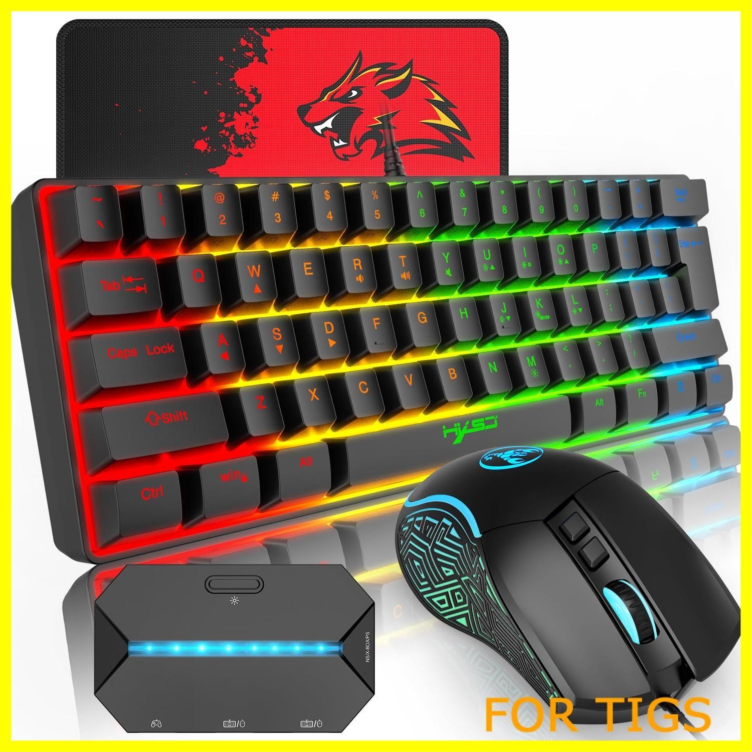 【人気商品】PC /PS4 /スイッチ対応ゲーミングキーボード テンキーレス 61キー有線 専用のコンバータ付き マウスセット メンブレン 軽量 RGBバックライト USB接続 エルゴノミック 防水 60%レイア