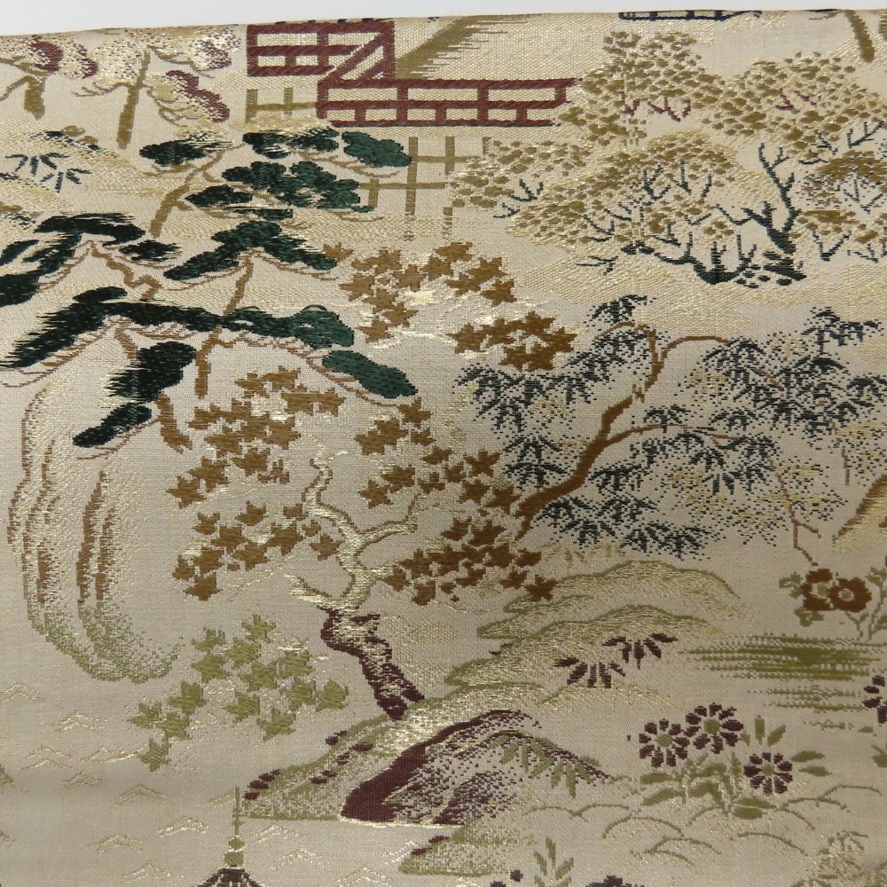 中古】 袋帯 正絹(金銀糸除く) ベージュ ゴールド 丸帯 両面 全