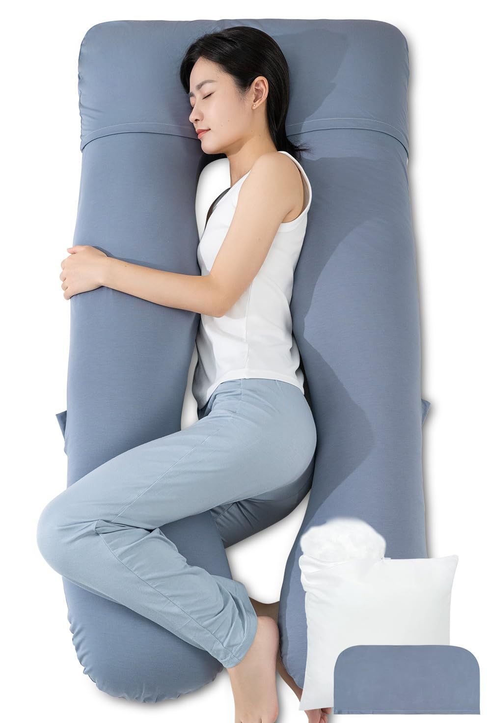 Queen RoseR 抱き枕 だきまくら 正規品 男女兼用 妊婦 快眠グッズ 腰枕 背凭れ クッション ふわふわ 気持ちいい 体圧分散 高さ調整可 補充綿付き ジャージー生地 u字型 カバー洗える 補充綿付き 大きい ブルー