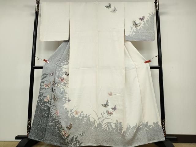 平和屋着物○訪問着 舞蝶草木シルエット たたき染め 金銀彩 正絹 逸品