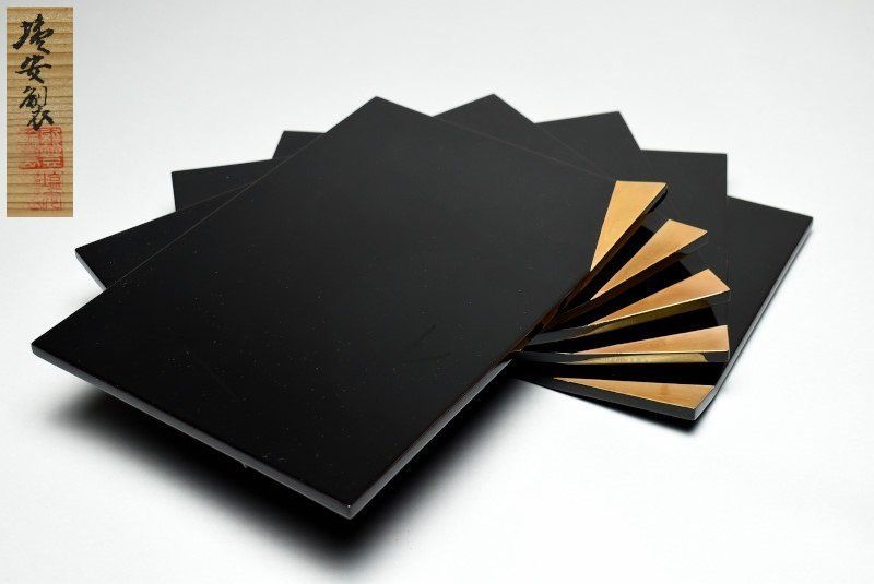 蔵A3982 輪島塗 塩安製 波蒔絵 卓上膳 点心盆 五客 共箱