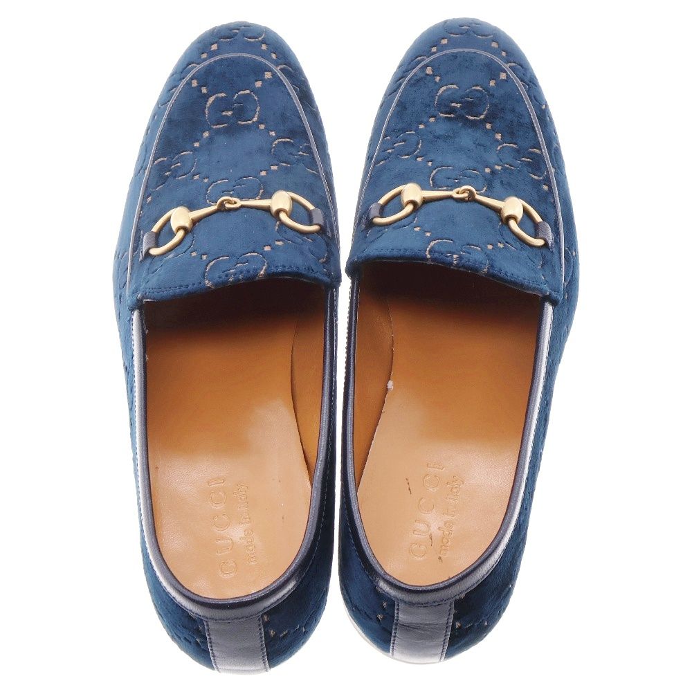 GUCCI (グッチ) ホースビット GG総柄 ベロア ローファー ネイビー