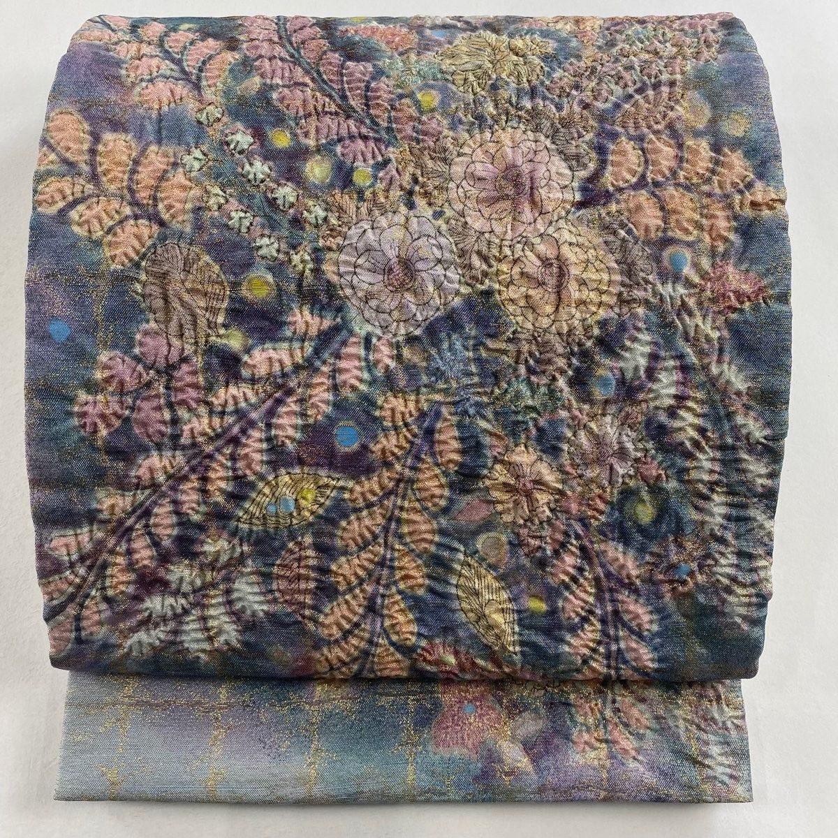 袋帯 名品 辻が花柄 箔 銀糸 青灰色 お太鼓柄 正絹
